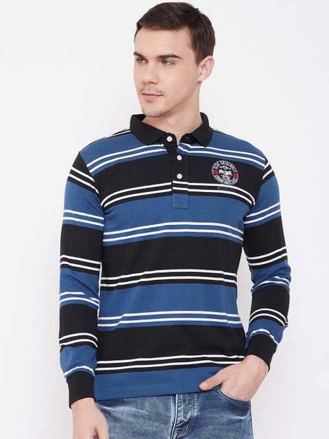 

Duke Men Black & Blue Striped Polo Collar T-shirt