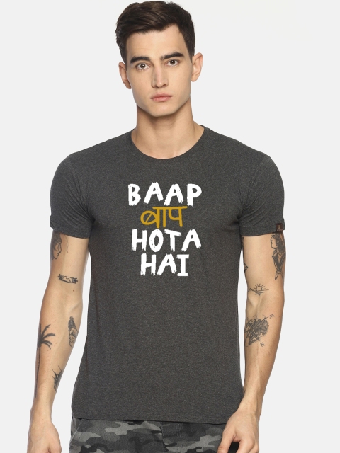 

Le Bison Men Charcoal Grey Printed Round Neck T-shirt