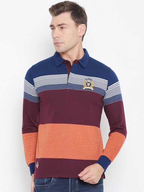 

Duke Men Blue & Maroon Striped Polo Collar T-shirt