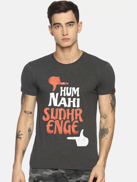 

Le Bison Men Charcoal Grey & Orange Printed Round Neck T-shirt