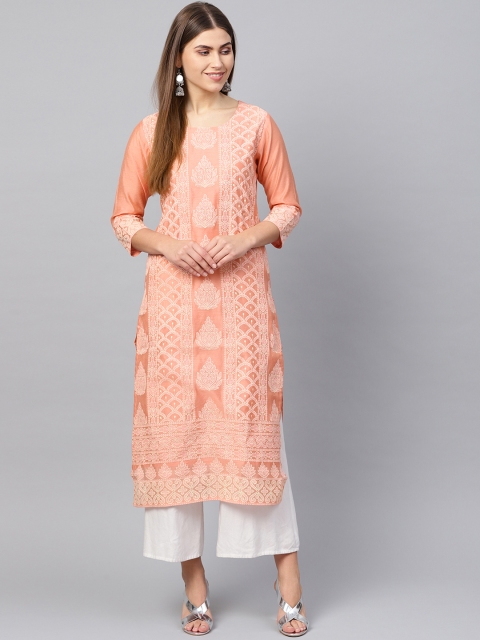 

Varanga Women Peach-Coloured & Off-White Printed Chanderi Silk Kurta