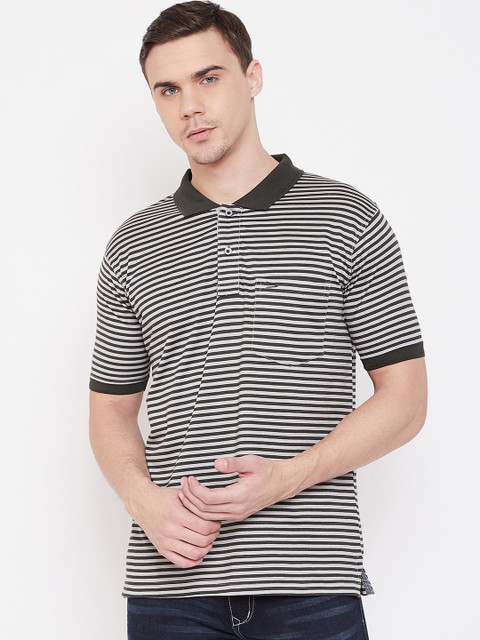 

Duke Men Green & Grey Striped Polo Collar T-shirt
