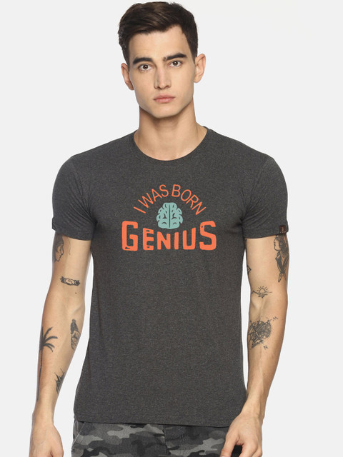 

Le Bison Men Charcoal Grey & Orange Printed Round Neck T-shirt