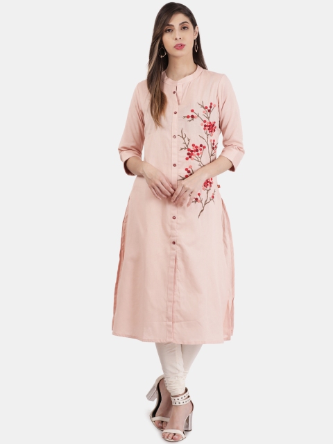 

Alena Women Peach-Coloured Floral Embroidered Straight Kurta
