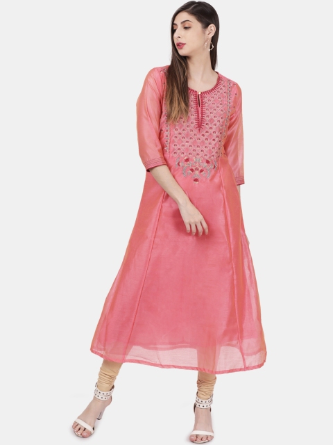 

Alena Women Peach-Coloured Embroidered Straight Kurta