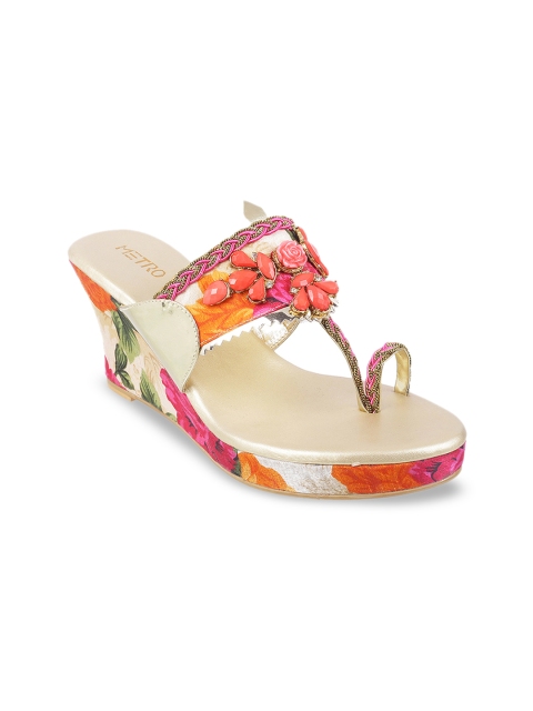 

Metro Women Gold-Toned & Pink Embellished Wedges