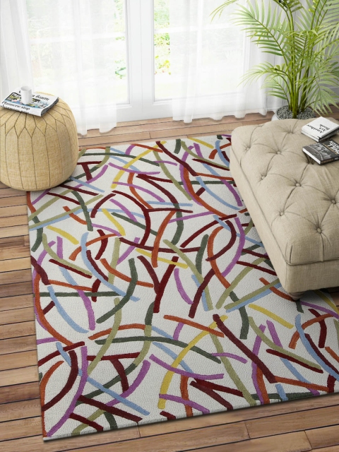 

IMPERIAL KNOTS White & Purple Geometric Patterned Hand-Tufted Woolen Carpet, Multi