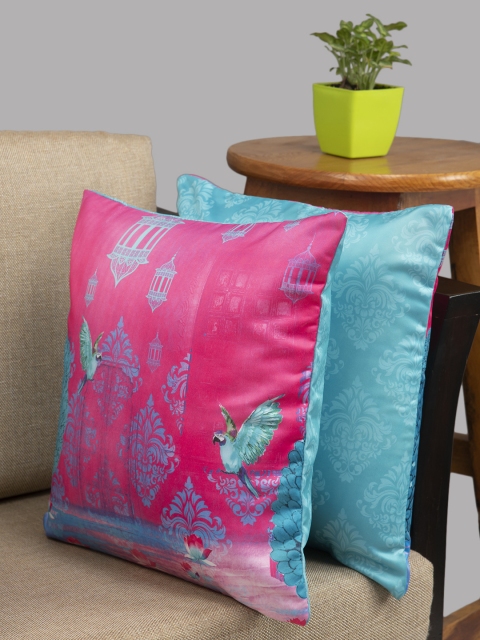 

HOUZZCODE Pink & Blue Set of 2 Ethnic Motifs Square Cushion Covers