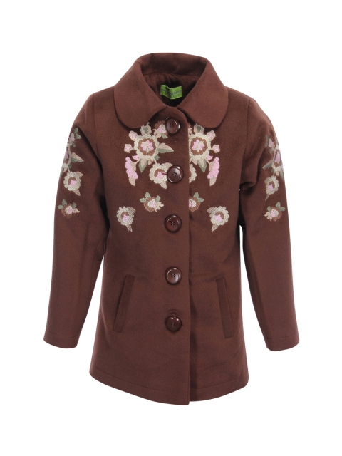

CUTECUMBER Girls Brown & Pink Embroidered Single-Breasted Woolen Overcoat