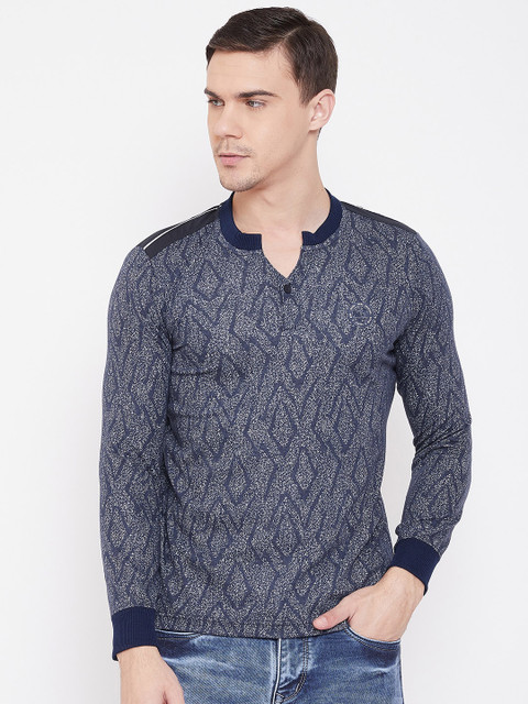 

Duke Men Navy Blue Printed Mandarin Collar T-shirt