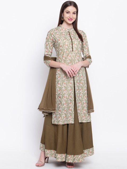 

Khushal K Women Brown & Olive Green Printed Kurta with Skirt & Dupatta
