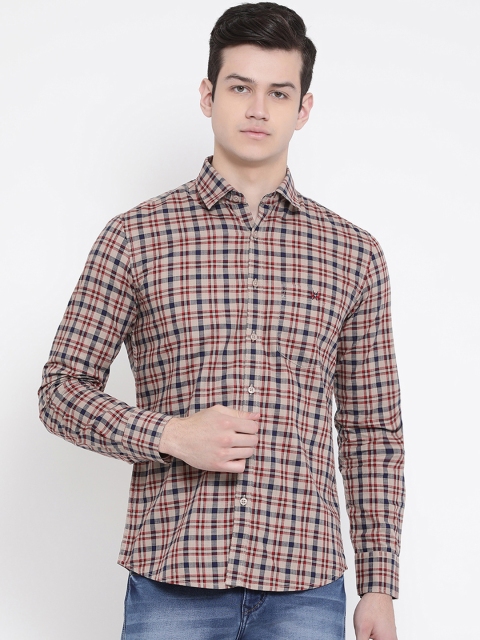

Crimsoune Club Men Beige & Navy Blue Slim Fit Checked Casual Shirt