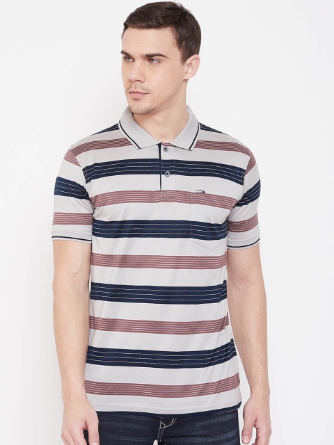 

Duke Men Grey Striped Polo Collar T-shirt