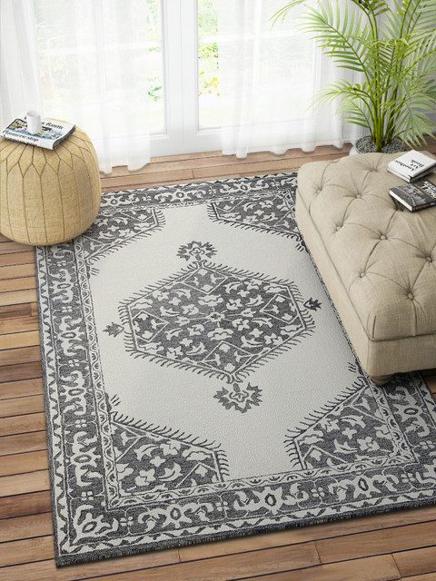 

IMPERIAL KNOTS Grey & Off-White Patterned Hand Tufted Woolen Persian Carpet