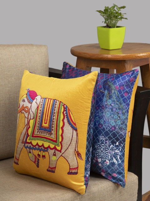 

HOUZZCODE Yellow & Blue Set of 2 Ethnic Motifs Square Cushion Covers