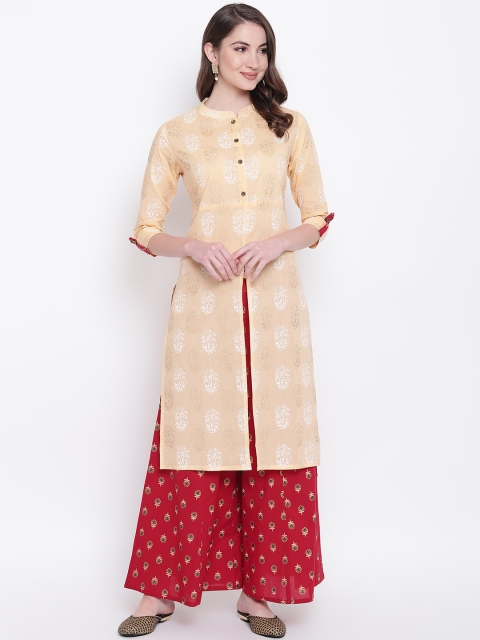 Women Beige & Red Printed Kurta with Palazzos