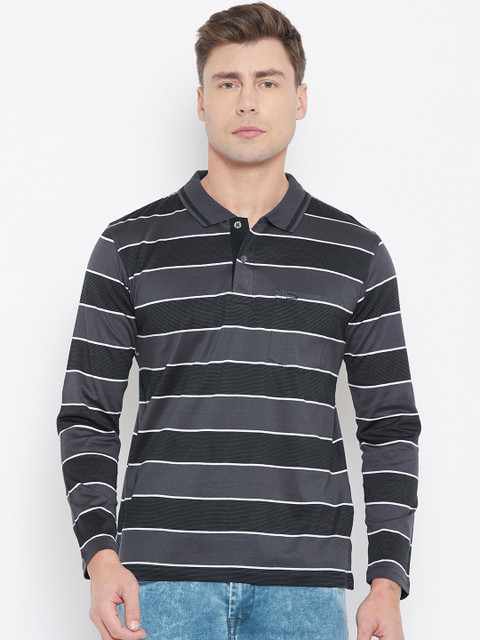 

Duke Men Grey & White Striped Polo Collar T-shirt