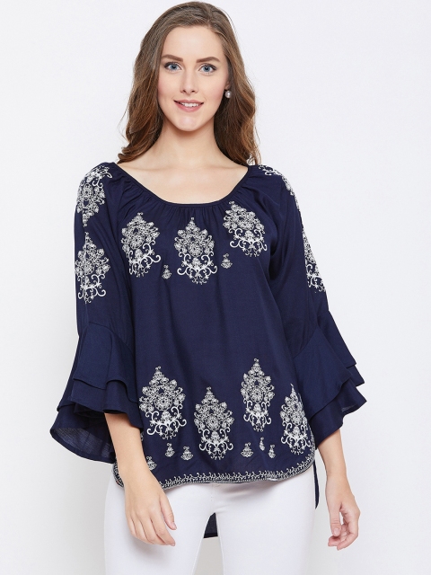 

FIZERA Women Navy Blue & White Embroidered High-Low Top