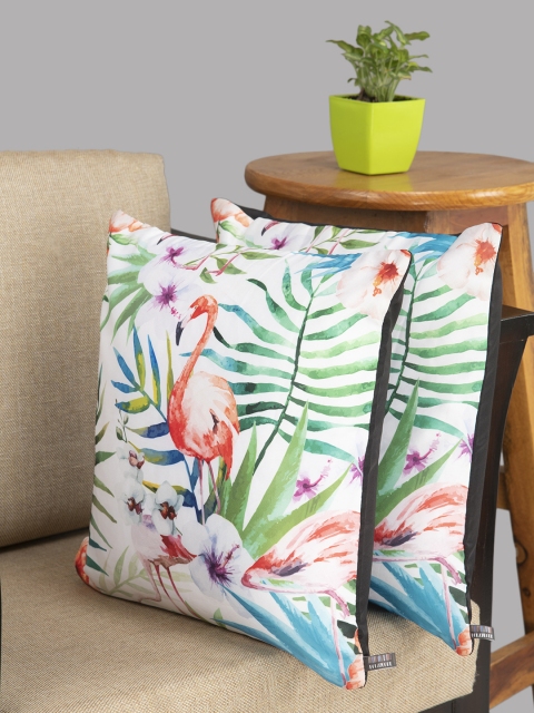 

HOUZZCODE White & Green Set of 2 Tropical Square Cushion Covers