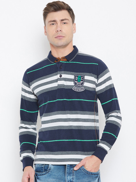 

Duke Men Navy Blue & White Striped Polo Collar T-shirt