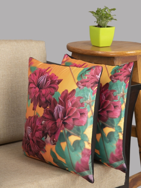 

HOUZZCODE Yellow & Green Set of 2 Floral Square Cushion Covers