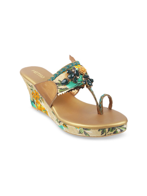 

Metro Women Gold-Toned & Green Embellished Wedges