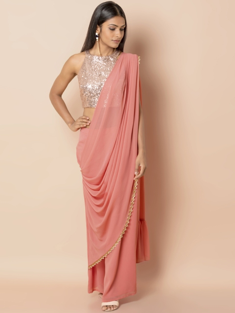 

INDYA Women Peach-Coloured Solid Wide Leg Palazzos With Attached Dupatta