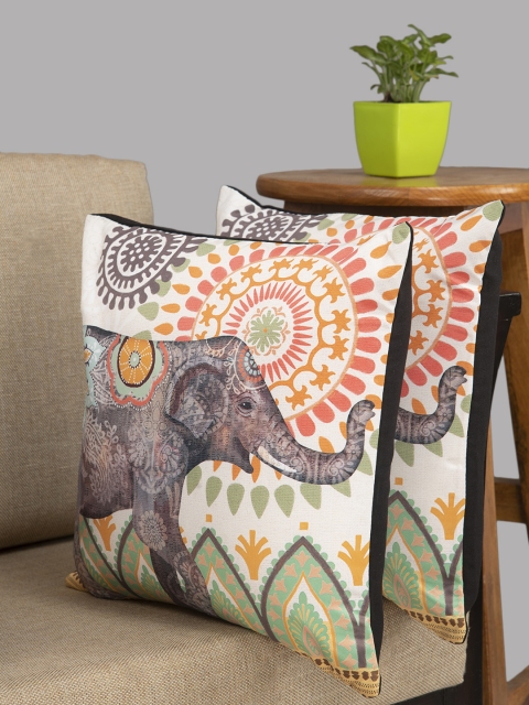 

HOUZZCODE Off-White & Orange Set of 2 Ethnic Motifs Square Cushion Covers