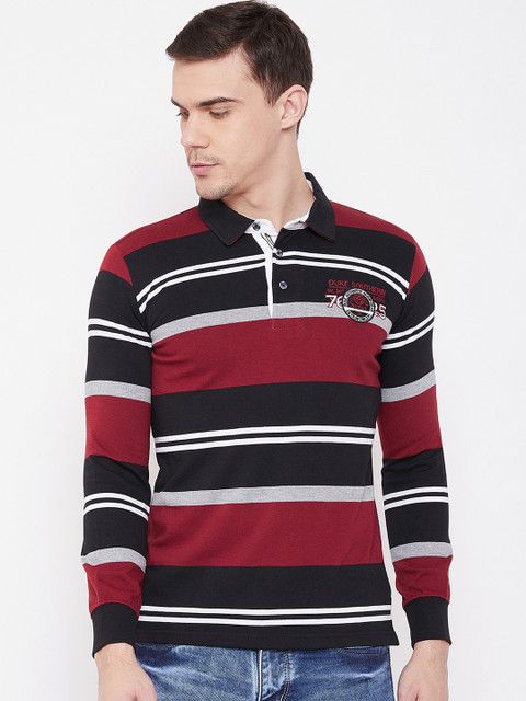

Duke Men Black & Maroon Striped Polo Collar T-shirt