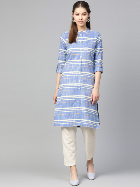 

Jompers Women Blue & White Striped Kurta with Trousers