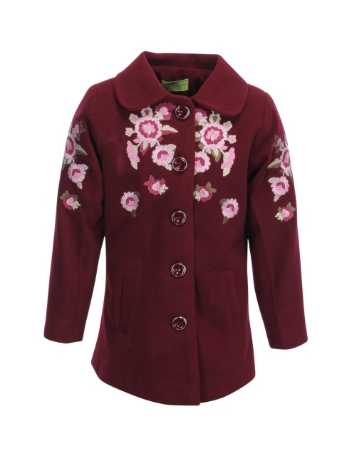 CUTECUMBER Girls Maroon & Pink Embroidered Single-Breasted Woolen Overcoat