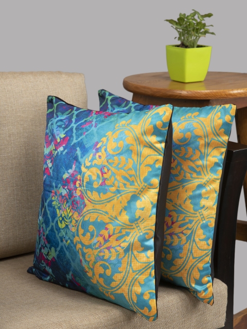 HOUZZCODE Blue & Yellow Set of 2 Ethnic Motifs Square Cushion Covers