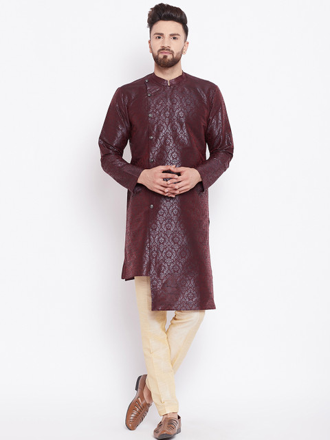 

See Designs Men Burgundy Woven Design Straight Kurta