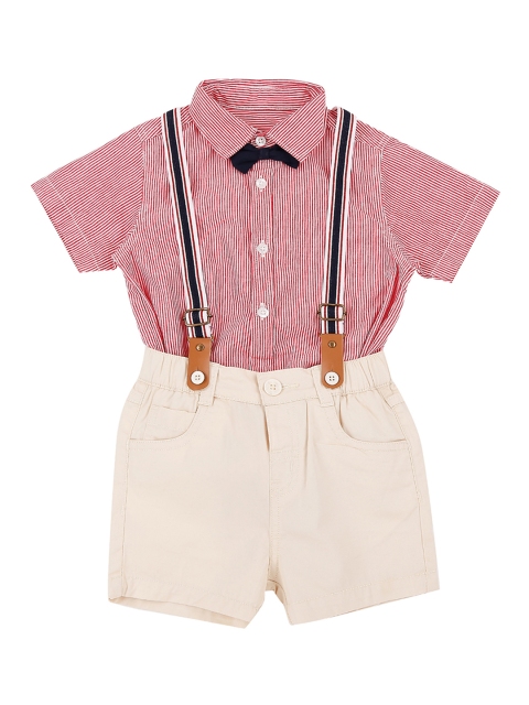 

Pantaloons Baby Infant Beige & Red Striped Shirt & Shorts With Suspenders