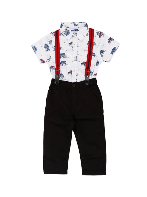 

Pantaloons Baby Infant White & Black Printed Shirt & Trousers With Suspenders