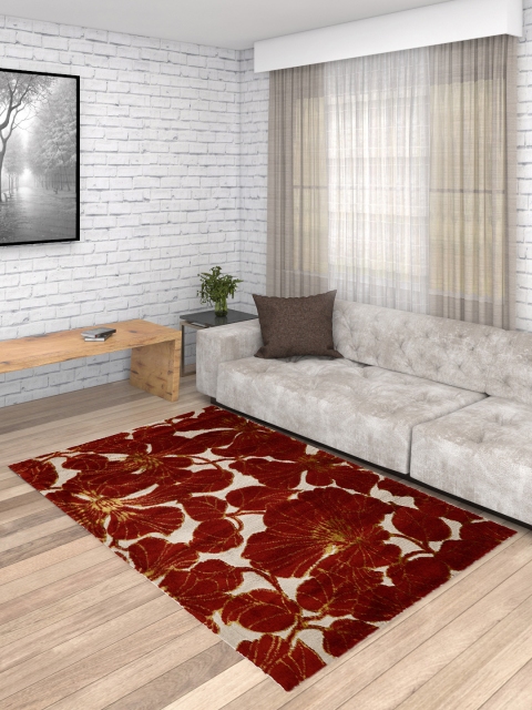

PRESTO Red & Off White Floral Patterned Heavy Shaggy Anti-Skid Carpet
