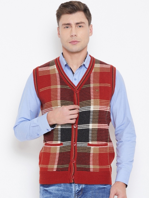 

Duke Men Rust Red Checked Woolen Sweater Vest