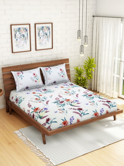 

WELHOME White & Red Floral 160 TC 1 Microfibre Queen Bedsheet with 2 Pillow Covers