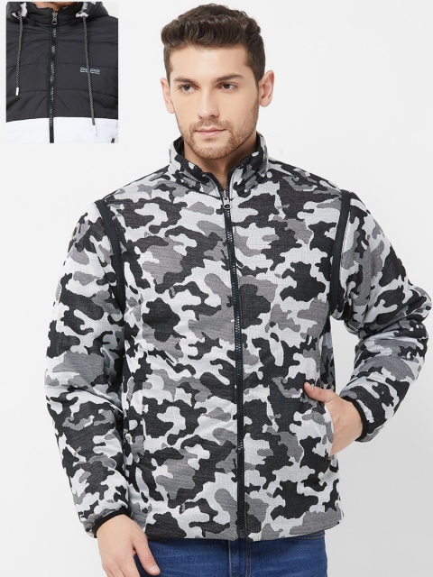 

Zeel Men Black & White Printed Hooded Reversible Puffer Jacket