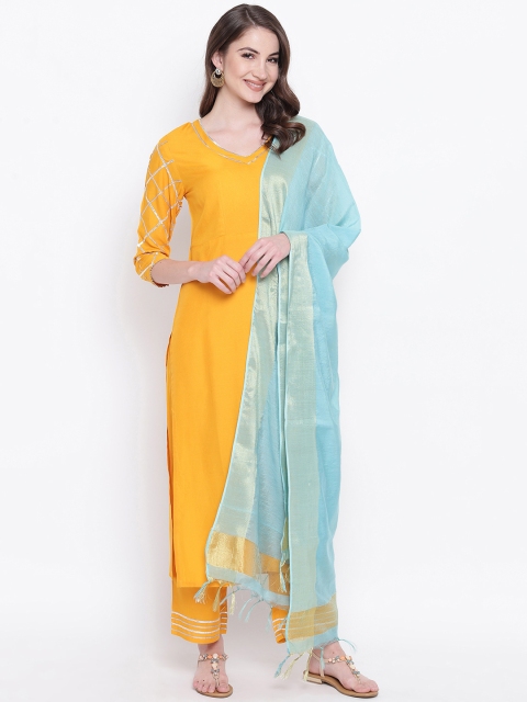 

Khushal K Women Yellow & Blue Solid Kurta with Palazzos & Dupatta