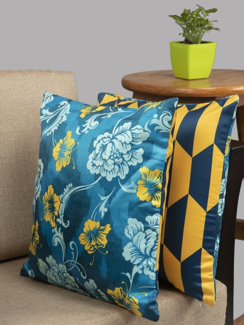 

HOUZZCODE Blue & Yellow Set of 2 Floral Square Cushion Covers