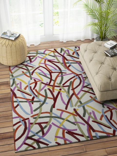 

IMPERIAL KNOTS White & Blue Geometric Patterned Hand-Tufted Woollen Carpet, Multi