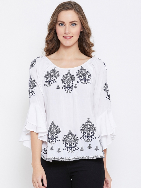 

FIZERA Women White Embroidered High-Low Top