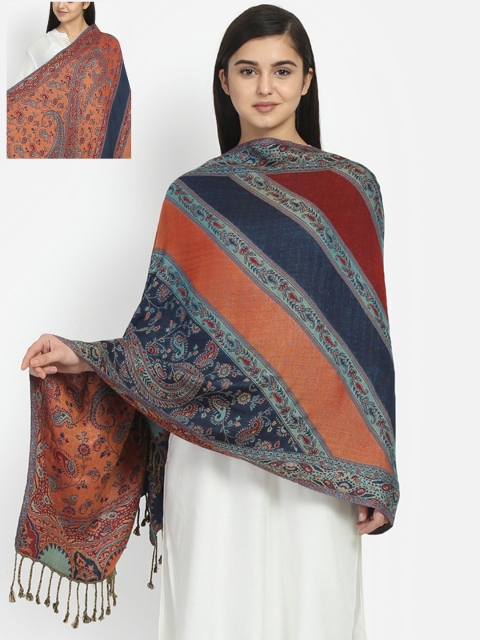 

Anekaant Women Navy Blue & Orange Floral Paisley Woven Design Shawl
