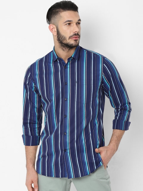 Allen Solly Men Navy Blue & Sea Green Slim Fit Striped Casual Shirt
