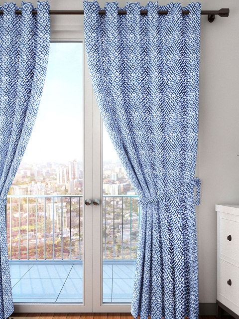 

HOUZZCODE White & Navy Blue Single Curtain