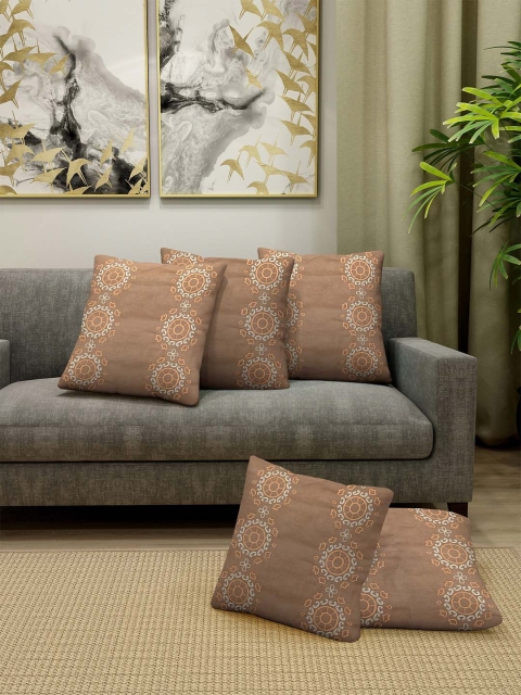 

KLOTTHE Brown & Peach-Coloured Set of 5 Embroidered Square Cushion Covers