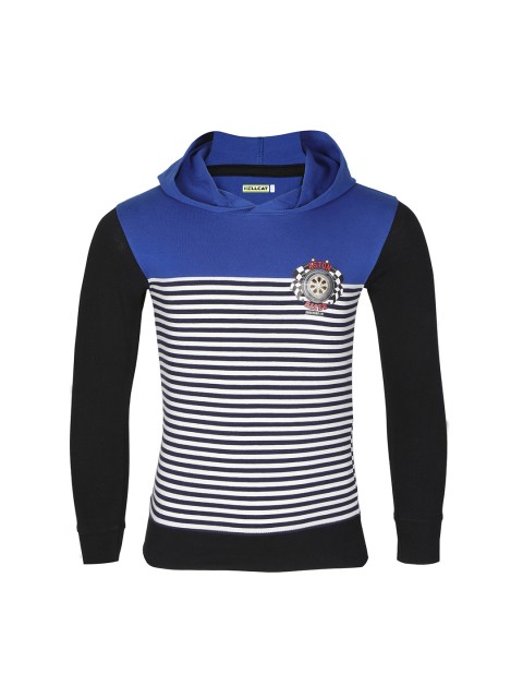 

HELLCAT Boys White & Blue Striped Hooded T-shirt