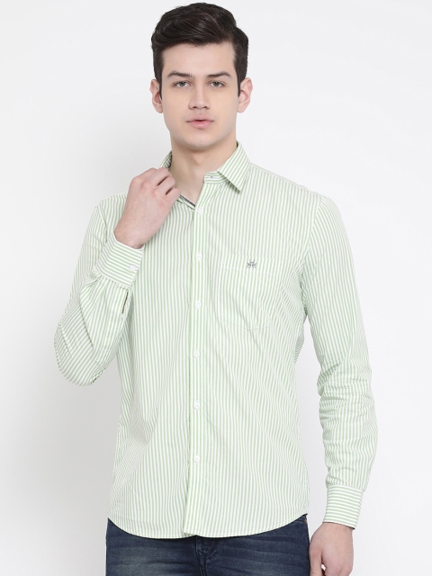 

Crimsoune Club Men Green & White Standard Slim Fit Striped Casual Shirt