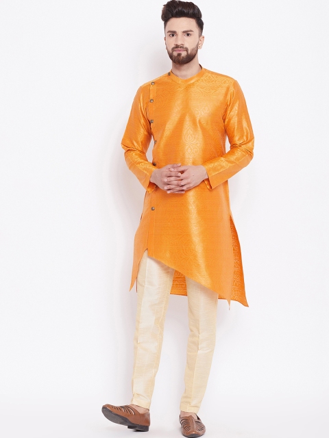 

See Designs Men Mustard Yellow & Beige Printed Silk Kurta with Pyjamas